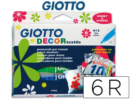 Comprar Rotulador Giotto decor textile para camisetas caja de 6 unidades colores surtidos F49480000
