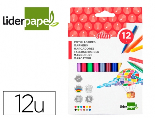 Caja 12 rotuladores colores surtidos Liderpapel, económicos, lavables, imagen mini