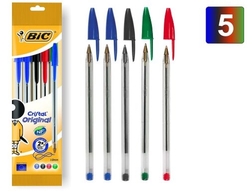 Boligrafo Bic cristal original bolsa de 5 unidades colores surtidos 2 azul  802054