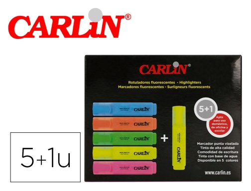Comprar Rotulador Carlin fluorescente punta biselada caja de 5+1 unidades colores surtidos RT76