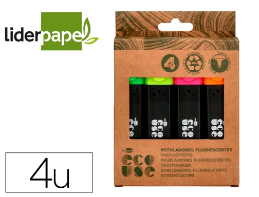 Rotulador Liderpapel ecouse fluorescente fabricado con 68% plastico  reciclado caja de 4 166140 , surtidos