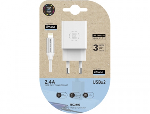 Cargador doble blanco+cable braided nylon lightning (para apple), alto rendimiento2,4ª Tech on tech TEC2402, imagen mini