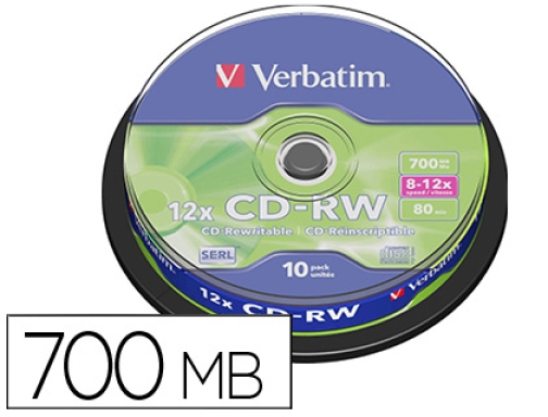 Comprar Cdrw Verbatim serl capacidad 700mb velocidad 12x 80 min tarrina de 10 43480