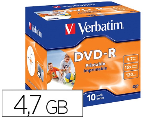 Comprar Dvdr Verbatim imprimible capacidad 4.7gb velocidad 16x 120 min pack de 10 43521