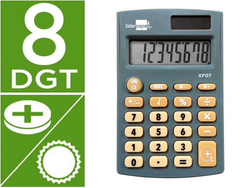 Calculadora Liderpapel bolsillo xf07 8 digitos solar y pilas color gris 98x62x8 163472, imagen mini