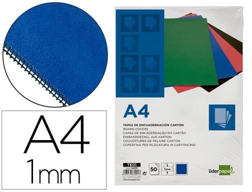 Comprar Tapa encuadernacion Liderpapel carton A4 1mm azul paquete de 50 unidades 64091
