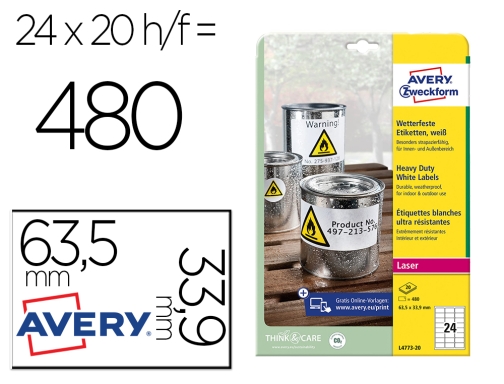 Comprar Etiqueta adhesiva resistente Avery poliester blanco 3,9 mm 63,5x33,9 mm laser pack L477320