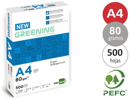 Papel Din A4, 80 gramos, Liderpapel New Greening, paquete de 500 hojas,  folios económicos