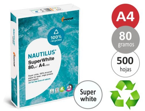 Papel reciclado Nautilus SuperWhite, folios Din A4, ultra blancos, 80 gramos, 500 h, imagen mini