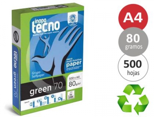 Papel reciclado Din A4 Tecno Green, 80 gramos, 500 hojas, 248001, económico, Hipermaterial.