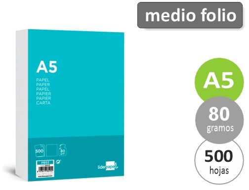 Papel Din A5 ( medio folio, cuartilla ) 80 gramos, paquete de 500 hojas,  blanco