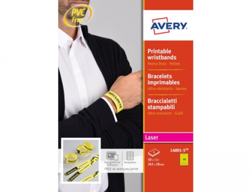 Comprar Pulsera identificativa Avery polietileno amarillo fluorescente imprimible laser 265x18 mm pack de L4001-5