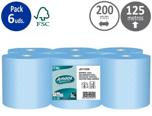 Comprar Pack 6 rollos papel secamanos Amoos 2 capas professional 200 mm x 125 mts, azul