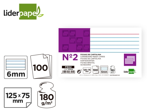 Ficha Liderpapel rayada n2 75x125 mm 180g m2 paquete de 100 unidades 03524, imagen 3 mini