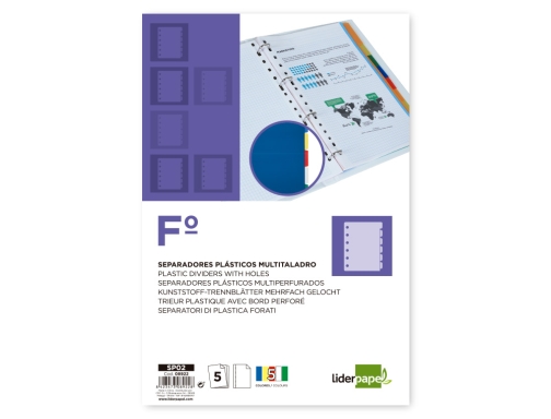 Separador Liderpapel plastico juego de 5 separadores folio 16 taladros 08922, imagen 2 mini