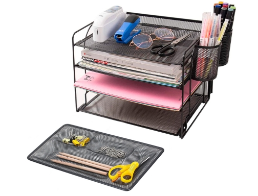 Organizador sobremesa bandeja de metal Q-connect rejilla negra con 4 departamentos 320x35x155 KF00867 , negro, imagen 4 mini