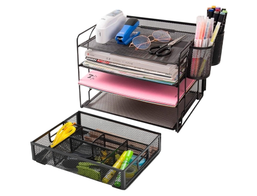 Organizador sobremesa Q-connect KF17291 bandeja de metal rejilla negra con 6 departamentos , turquesa, imagen 5 mini