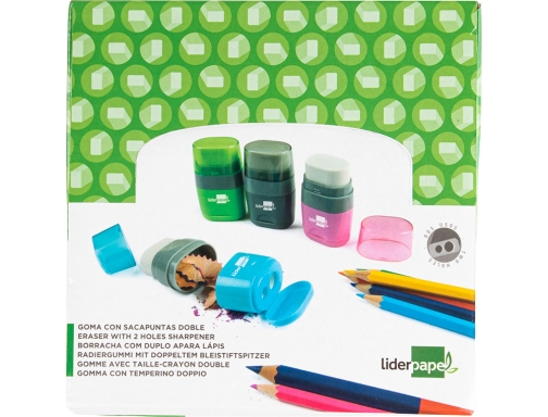 Sacapuntas Liderpapel plastico 2 usos con goma 75047, imagen 3 mini