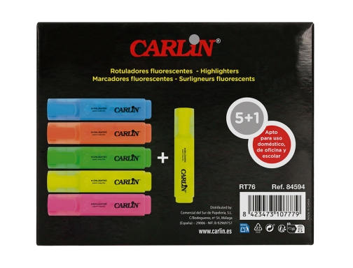 Rotulador Carlin fluorescente punta biselada caja de 5+1 unidades colores surtidos RT76, imagen 2 mini