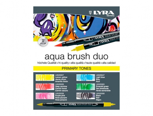 Rotulador Lyra aqua brush acuarelable doble punta y pincel tonos primarios blister L6521060 , 6 colores, imagen 3 mini