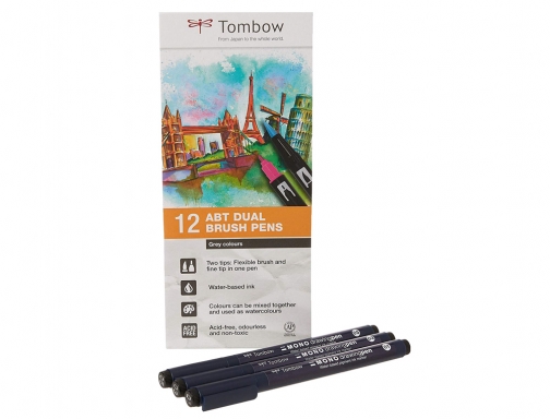 Rotulador Tombow acuarelable doble punta pincel colores primarios estuche de 12 unidades ABT-12P-1 , surtidos, imagen 2 mini