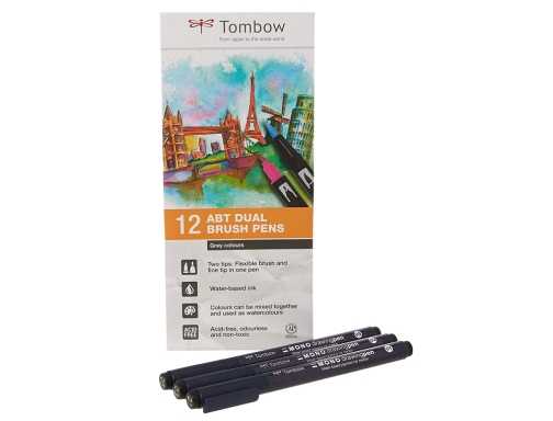 Rotulador Tombow acuarelable doble punta fina pincel colores primarios estuche de 12 ABT-12P-1 , surtidos, imagen 2 mini