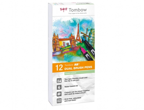 Rotulador Tombow acuarelable doble punta fina pincel colores pastel estuche de 12 ABT-12P-2 , surtidos, imagen 2 mini