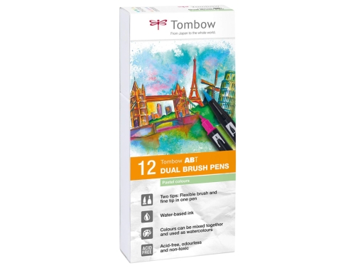 Rotulador Tombow acuarelable doble punta fina pincel colores pastel estuche de 12 ABT-12P-2 , surtidos, imagen 2 mini