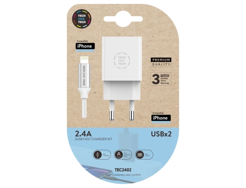 Cargador doble blanco+cable braided nylon lightning (para apple), alto rendimiento2,4 Tech on tech TEC2402, imagen 2 mini