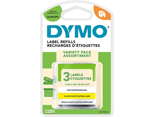 Cinta Dymo metalizada letratag 12mm x 4mt papel blanco plastico amarillo de S0721800, imagen 2 mini