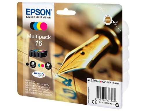 Inkjet Epson 16 multipack workforce wf2010w wf2510wf wf2520nf wf2530wf wf2540wf negro amarillo C13T16264012, imagen 2 mini