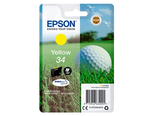 Ink-jet Epson 34 workforce pro wf-3720 wf-3720dwf wf-3725dwf amarillo 300 paginas C13T34644010, imagen 2 mini