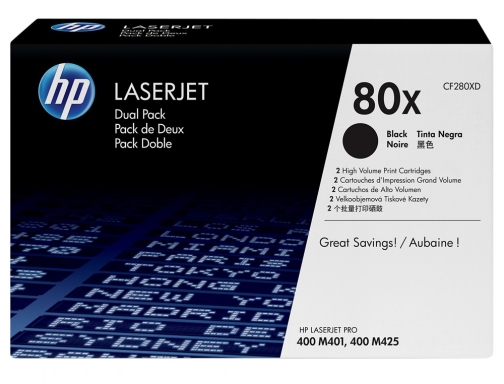 Toner HP Laserjet pro 80x m401 m425 negro pack de 2 unidades CF280XD, imagen 2 mini