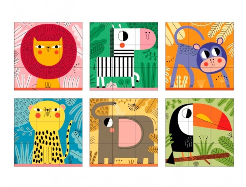 Puzle Goula cubos de carton animales selva 6 escenas diferentes 9 piezas 53469, imagen 3 mini