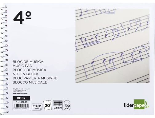 Bloc musica Liderpapel combi pentagrama cuadriculado 2,5mm cuarto 20 hojas 100g m2 58603, imagen 2 mini