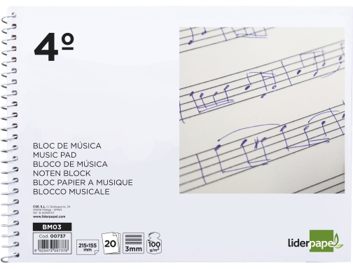 Bloc musica Liderpapel pentagrama 3mm cuarto 20 hojas 100g m2 00737, imagen 2 mini