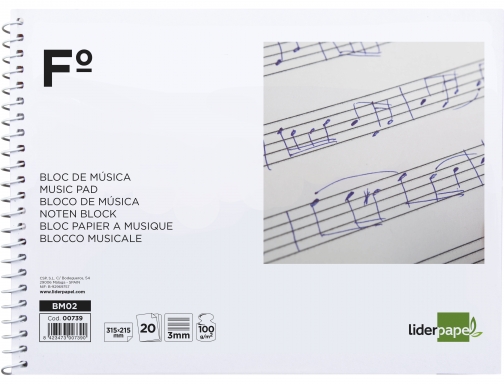 Bloc musica Liderpapel pentagrama 3mm folio apaisado 20 hojas 100g m2 00739, imagen 2 mini