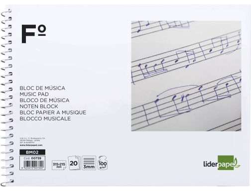 Bloc musica Liderpapel pentagrama 3mm folio apaisado 20 hojas 100g m2 00739, imagen 2 mini