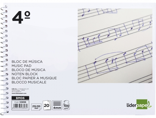 Bloc musica Liderpapel pentagrama 4mm cuarto 20 hojas 100g m2 53896, imagen 2 mini