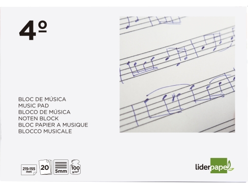 Bloc musica Liderpapel pentagrama 5mm cuarto 20 hojas 100g m2 grapado 58609, imagen 2 mini