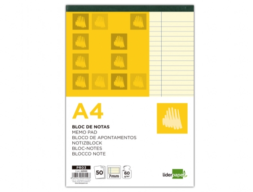 Bloc notas Liderpapel horizontal A4 50 hojas amarillas 60g m2 encolado 22550, imagen 2 mini