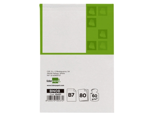 Bloc notas Liderpapel liso b7 80 hojas 60g m2 perforado 10437, imagen 3 mini