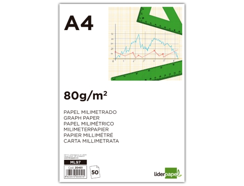 Bloc papel milimetrado Liderpapel encolado 210x297 mm 50 hojas 80g m2 20451, imagen 2 mini