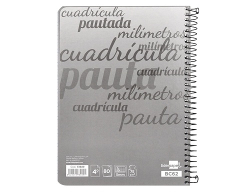 Cuaderno espiral Liderpapel cuarto pautaguia tapa dura 80h75 gr cuadro pautado 5mm 73929, imagen 5 mini