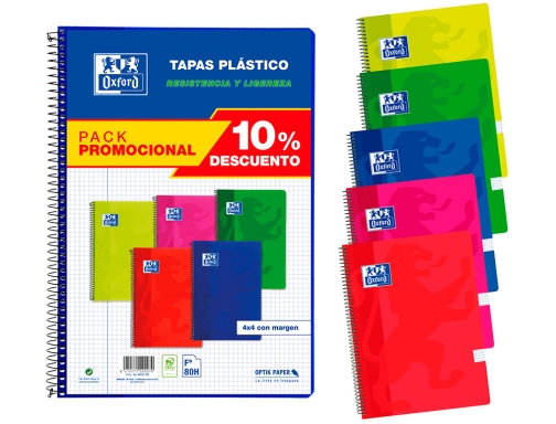 Cuaderno espiral Oxford tapa plastico folio 80 hojas cuadro 4 mm pack 400091365, imagen 2 mini