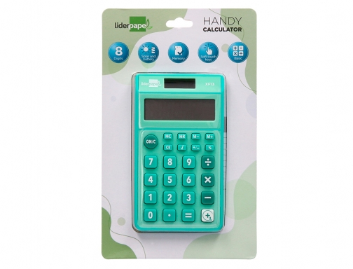 Calculadora Liderpapel bolsillo xf13 8 digitos solar y pilas color verde 115x65x8 163478, imagen 2 mini