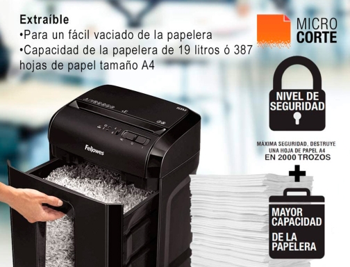 Destructora de documentos Fellowes 10m capacidad de corte 10 h seguridad p5 4630601, imagen 4 mini