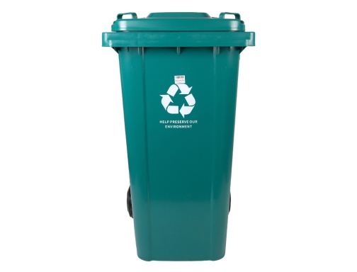 Papelera contenedor Q-connect plastico con tapadera y ruedas 240 litros verde 1040x620x610 KF10499, imagen 3 mini