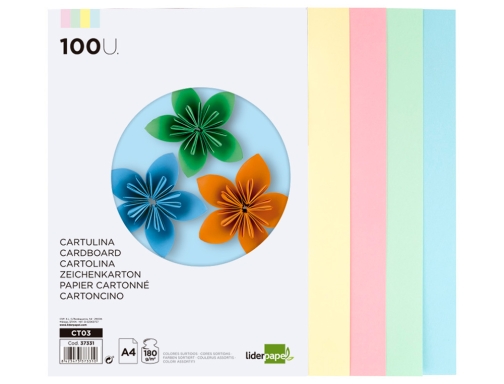 Cartulina Liderpapel A4 180g m2 4 colores surtidos paquete de 100 hojas 37331, imagen 3 mini