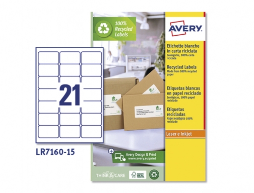 Etiqueta adhesiva Avery blanca permanente reciclada 100% laser 63,5x38,1 mm caja de LR7160-15, imagen 3 mini